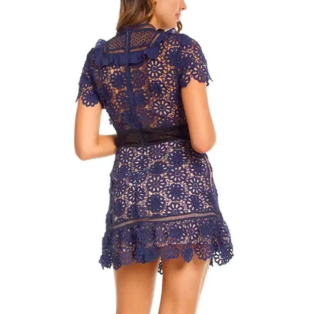 Self-Portrait Navy Floral Crochet Mini Dress with Black Waist Detail - Picture 2 of 14